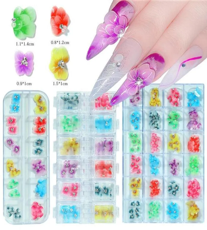 Nagelkonstdekorationer 2448144PCS Flower Butterfly Charms Glitter Decals Decoration 3D Flat Design Akryl Stud HJ091L9096196