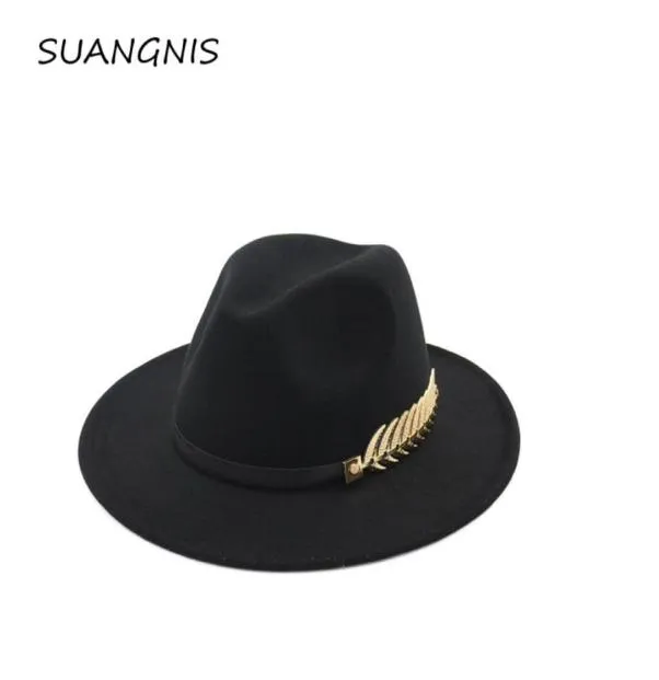 Woolen filt hatt Panama jazz fedoras hattar med metall blad platt grim formell parti och scen topp hatt för kvinnor män unisex20175671932379