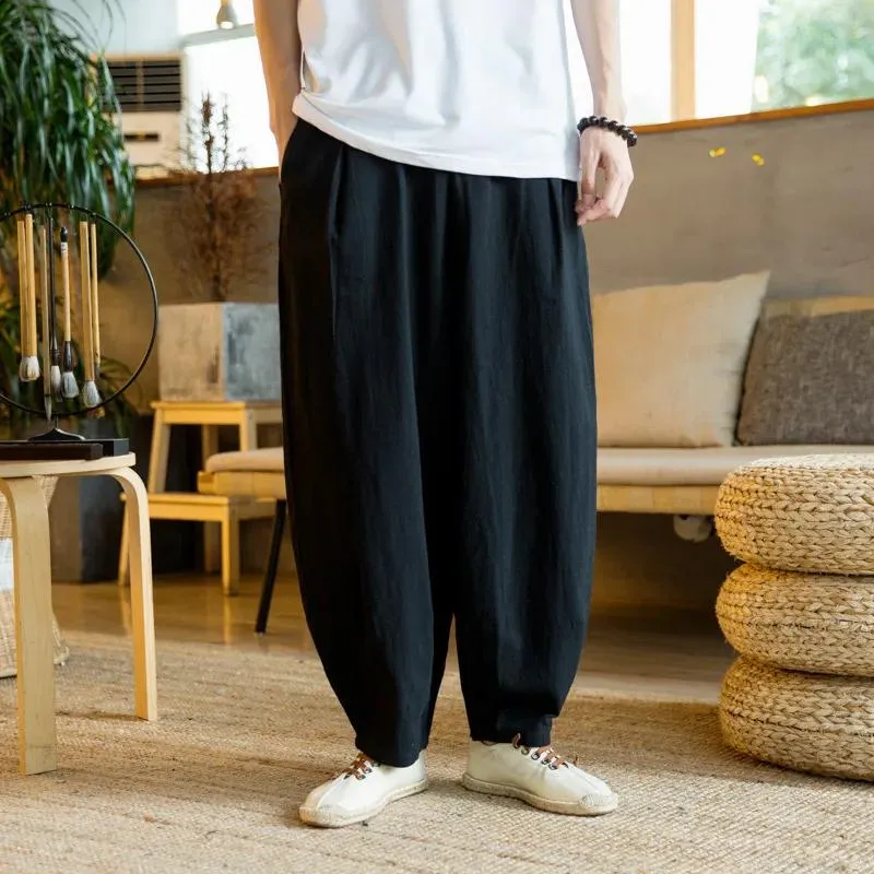 Klänningar prowow sommar koreansk lin casual byxa män elastisk midja fulllängd harem byxa män tröjor manliga blommare streetwear