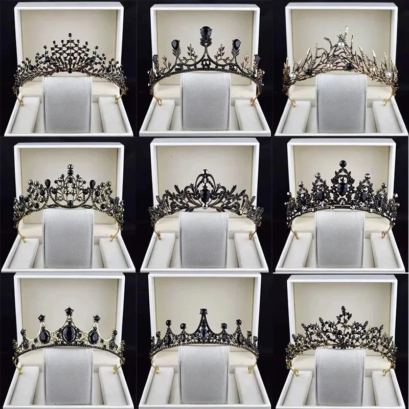 Akcesoria do włosów ślubnych Czarne kryształowe korony tiara dla kobiet barokowa panna młoda Akcesoria ślubne Crown Headme Diadema 240102