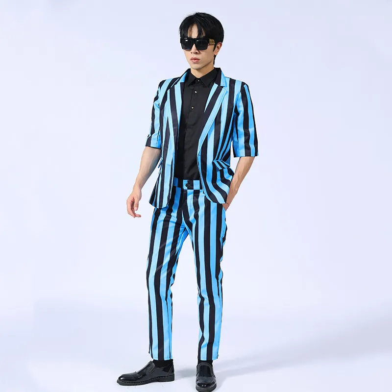 Korean Style Men Casual Stripes Suit Blue Black Single Button Slim Fit Halt Sleeve Blazer Pantsuit Bar Singer Stage Hairdresser Nightclub Party 2PCS Set