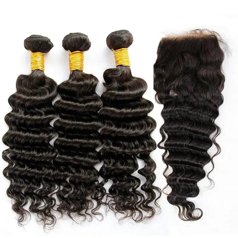 Wefts Filipino Virgem Cabelo Onda Profunda Com Fechamento 7A Não Processado Cabelo Humano Encaracolado Tece 3 Pacotes e 1 Peça Top Fechamentos de Renda Natural