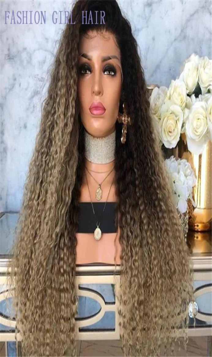 Ny kinky curly simulering mänsklig hår peruk med babyhår ombre blond syntetisk spets front peruker värmebeständig för kvinnor8995974