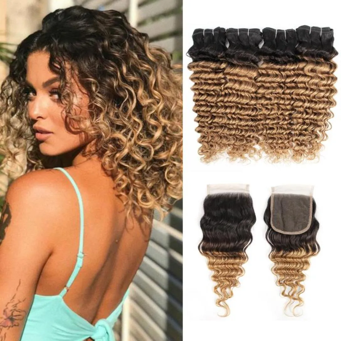 Ombre Blonde Curly Hair Bundles with Closure 1B 27 Deep Wave 4 번들이 4x4 레이스 클로저 브라질 곱슬 곱슬 remy hummy human hair exten1171866