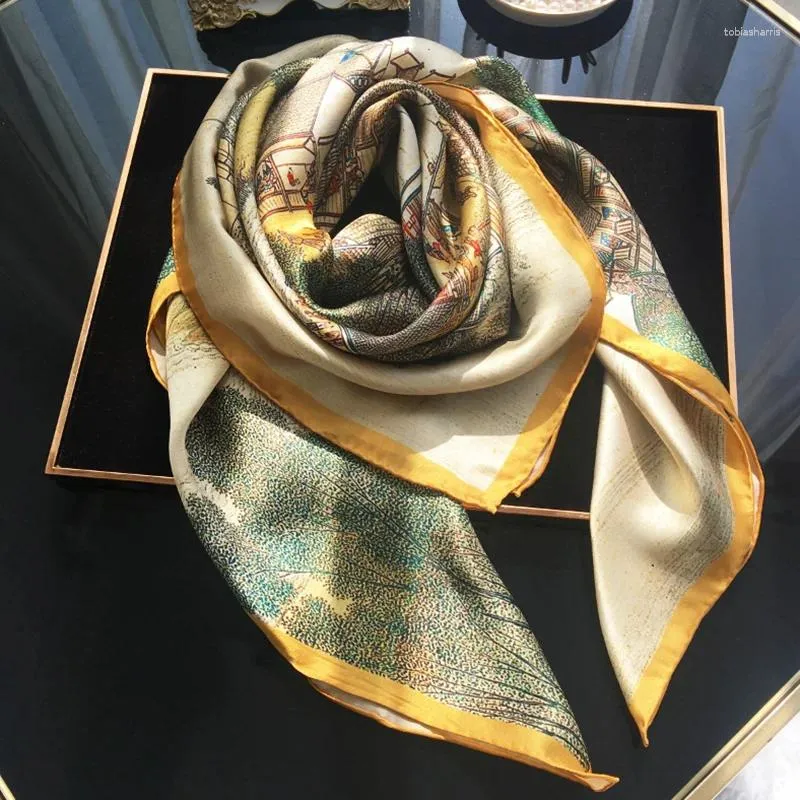 Scarves Khaki Green Silk Scarf Women China Style Satin Square Printed Ladies' Brand Rayon Hijab Fashion Shawl