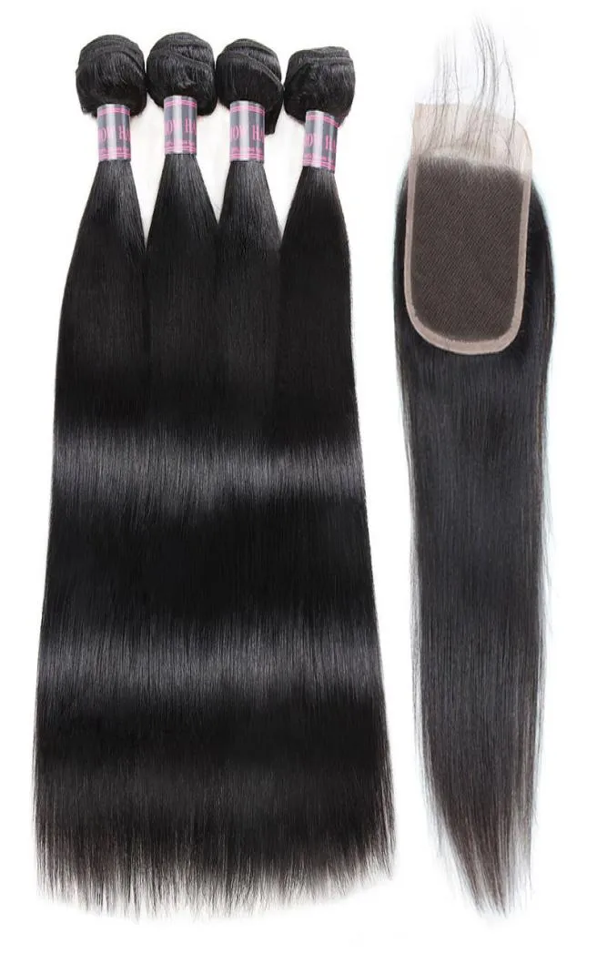 Ishow Extensions droites tissent 4 paquets et fermeture en dentelle 4x4 paquets de cheveux humains vierges avec fermeture pour femmes filles noir de jais All4527230