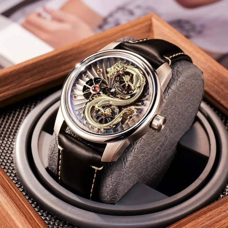 腕時計オルブロラグジュアリー3D彫刻ゴールドドラゴンオートマチックメカニカルウォッチサファイアガラス防水メン