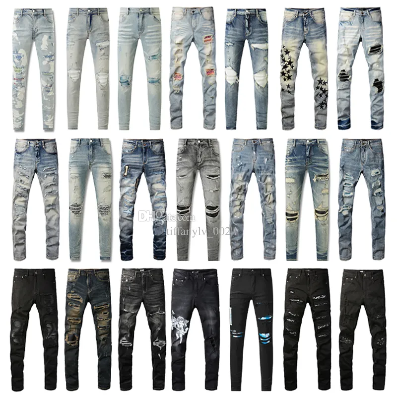 Designer Mens Jeans High Street Hole Star Patch Homens Mulheres Estrela Bordado Painel Roxo Mulheres Calças Stretch Slim-Fit Calças Jean Calças