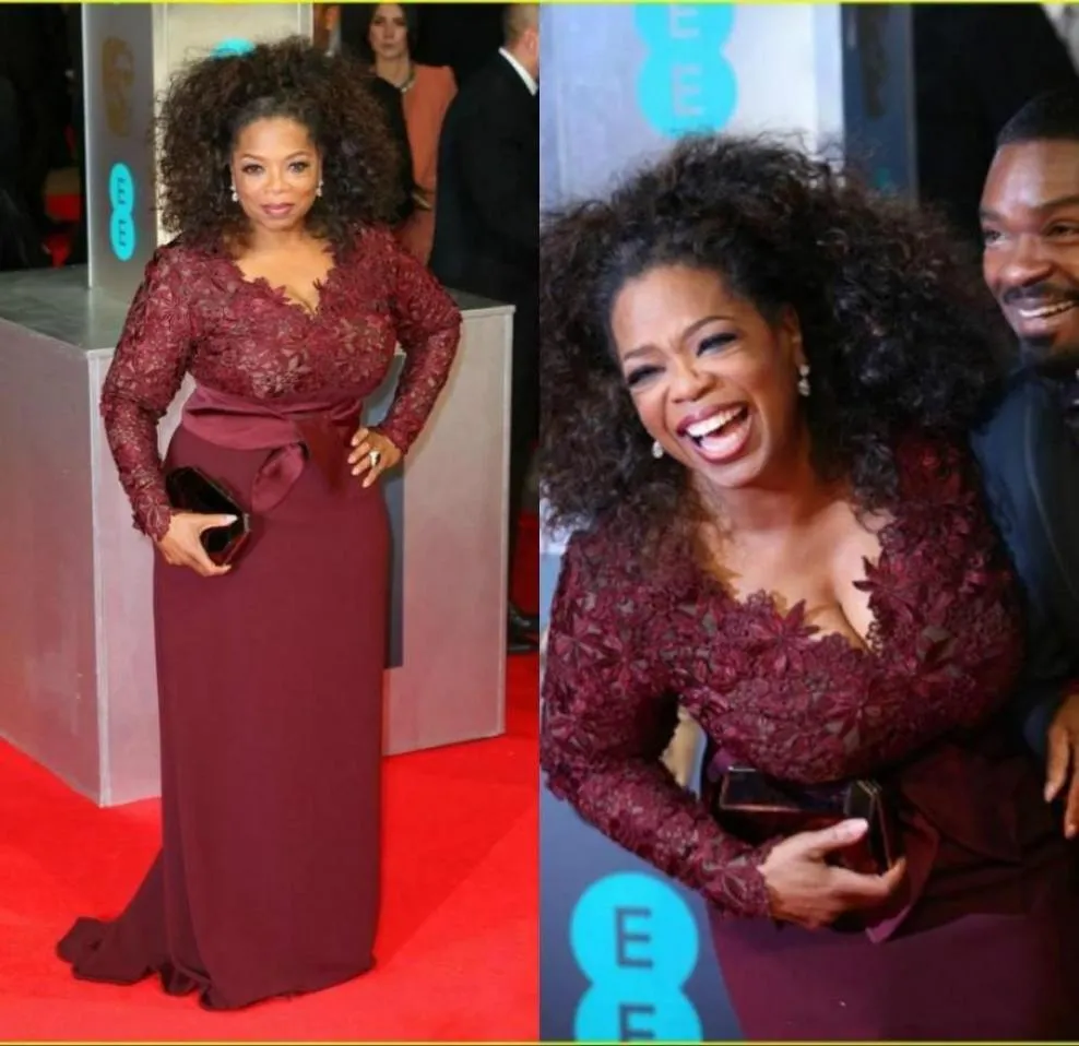 Oprah Winfrey Burgundy Long Sleeves Sexy Mother of the Bride Dresses VNeck Sheer Lace Sheath Plus Size Celebrity Red Carpet Eveni9843858