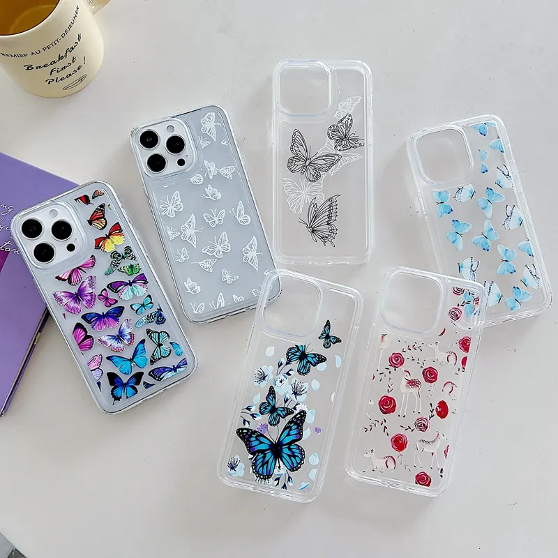 Butterfly Rose Flower Soft TPU Case na iPhone 15 Plus 14 pro Max 13 12 11 Modna przezroczysta przezroczysty silikon mężczyzn Kobiety szokujący komórkowy telefon z tylną osłoną skór