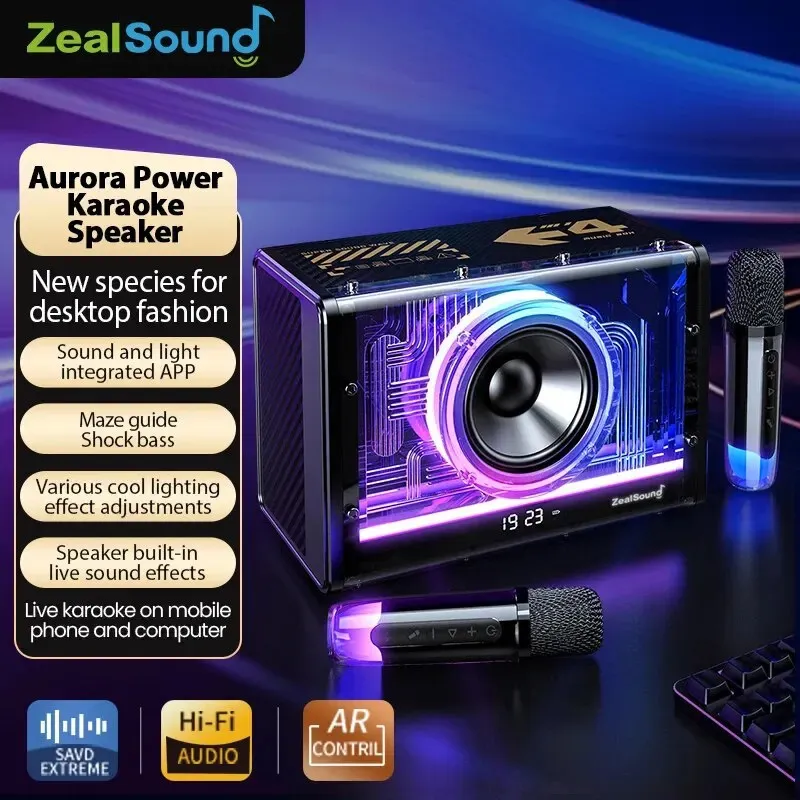 Máquina de karaokê Zealsound Bluetooth para adultos e crianças com dois microfones sem fio alto-falante portátil com luzes LED para festa 240102