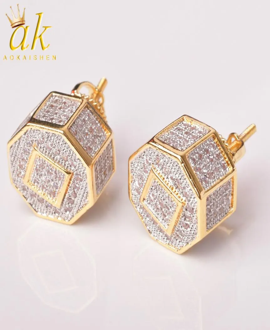 11mm Round Men Women Stud Earring Gold Color Iced Cubic Zircon Screw Back Fashion Hip Hop Jewelry2166101