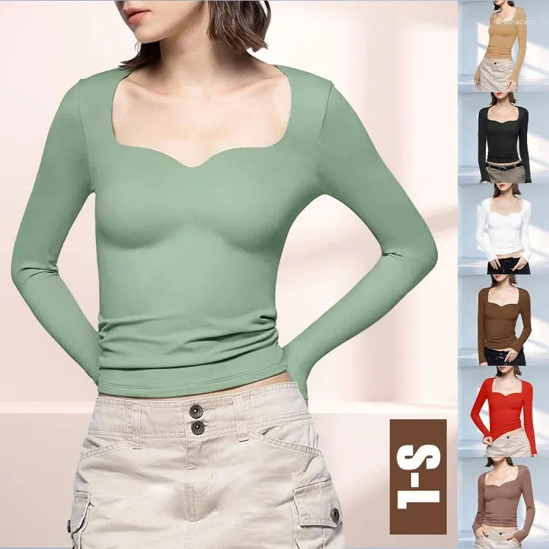 Women's T Shirts 2024 Fashion Long Sleeve Spring and Autumn Sweetheart Neck Slim Fit Going Out Tops Sexig grundläggande fast färg tee