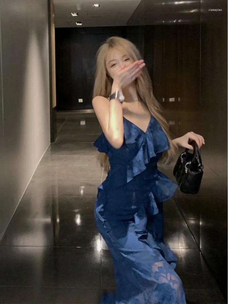 Sukienki swobodne nawet impreza niebieska sukienka kobiety francuski vintage midi plażowy rękawy bodycon elegancki pasek koreański 2024 lato