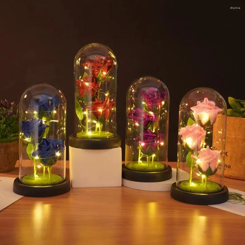 Decorative Flowers Rose Flower Gifts For Women Girls Christmas Light Up In Glass Dome Valentines Day Anniversary