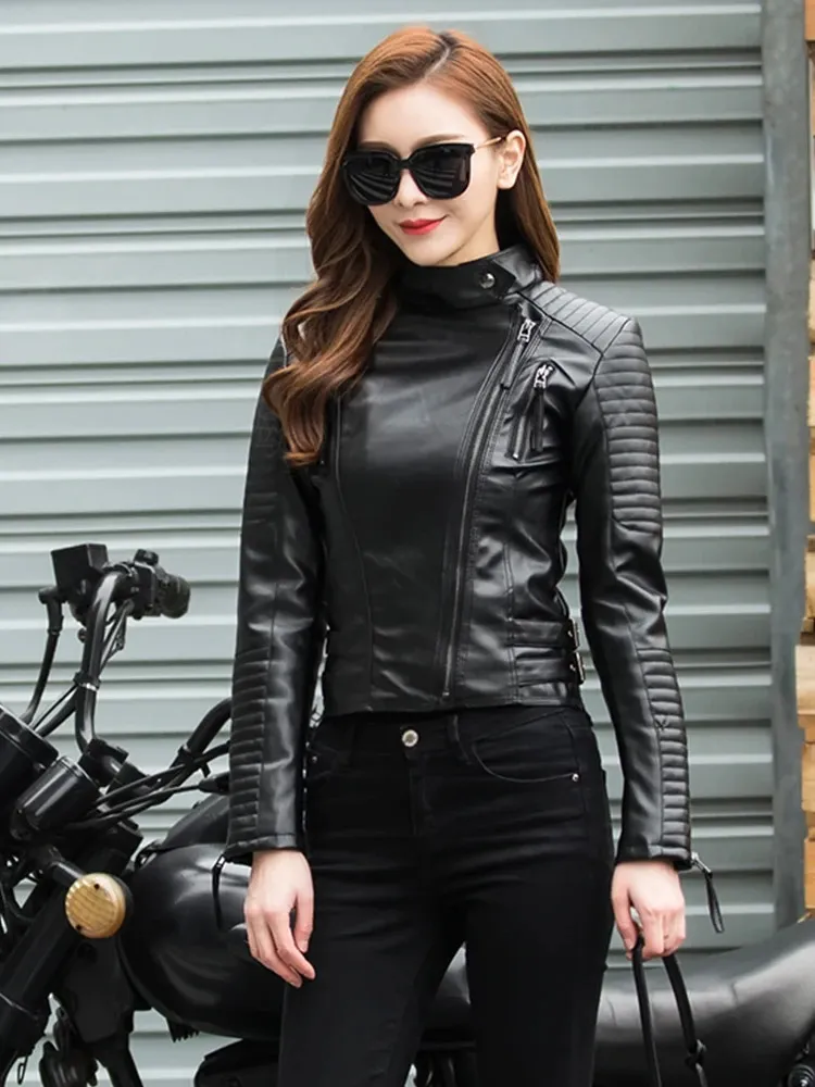 Fitaylor Spring Autumn Women Punk Leather Jacket Pu Faux Leather Jackets Basic Bomber Leather Motorcykel Black Coat 231229