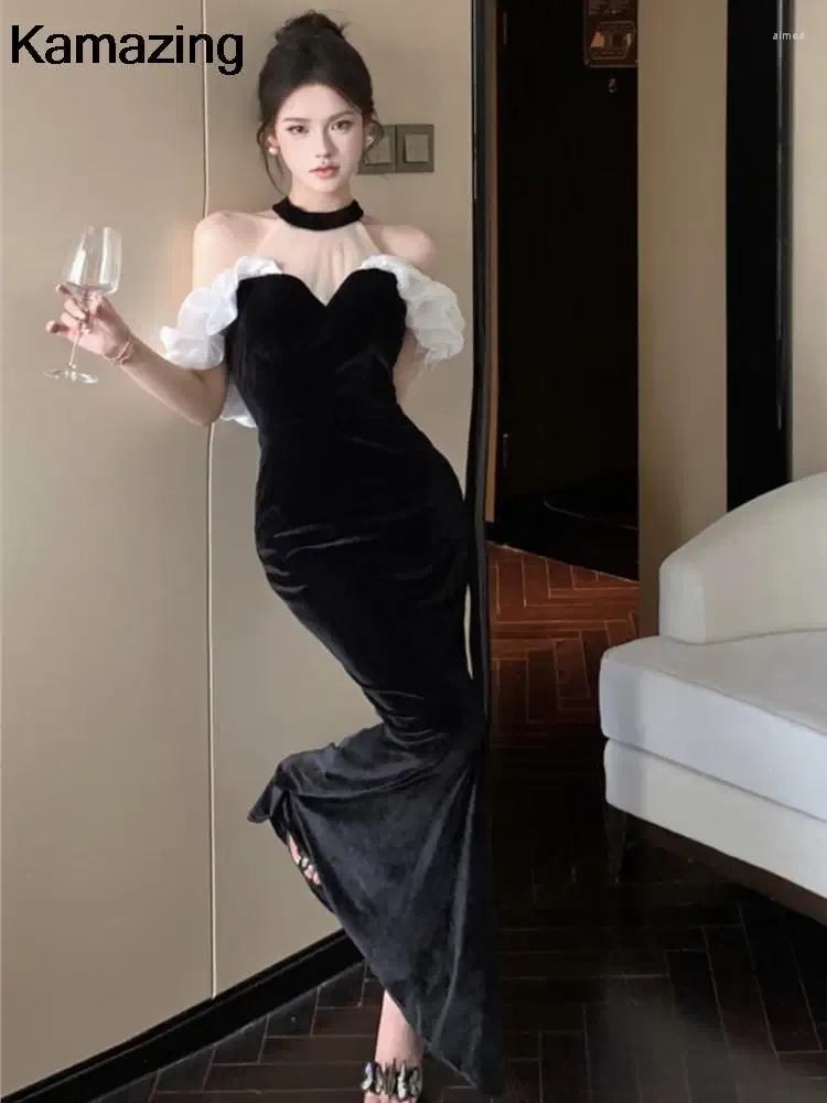 Vestidos casuais estilo francês sexy bodycon veludo vestido longo mulheres elegante festa de baile preto vestidos feminino moda malha roupas primavera outono