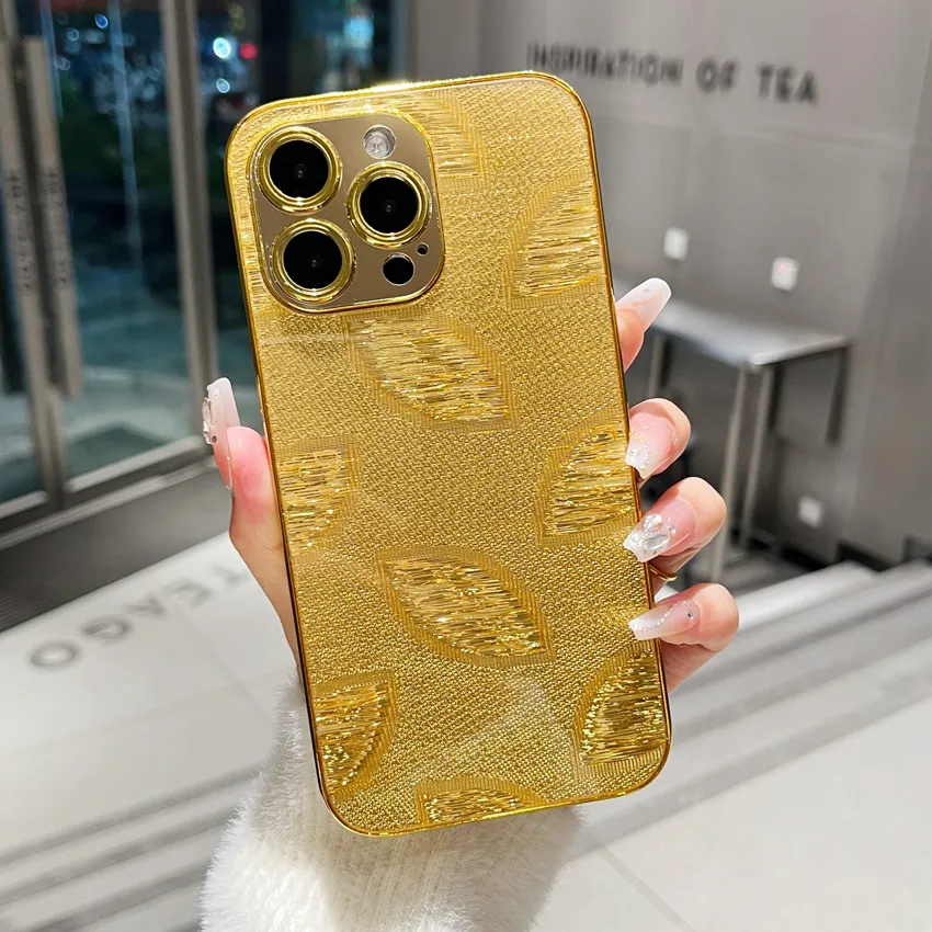 Designer saco 3d chapeamento folhas de ouro caso telefone para iphone 11 12 13 14 15 pro max 7 8 plus x xs xr duro pc capa traseira fundas