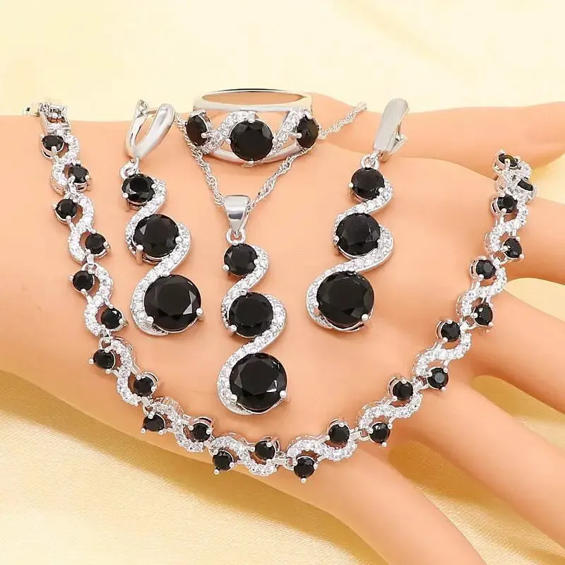 XUTAAYI Zilveren Bruiloft Sieraden Sets Voor Vrouwen Bloemvorm Zwarte Zirkoon Armband Oorbellen Ketting Hanger Ring Geschenkdoos 240102