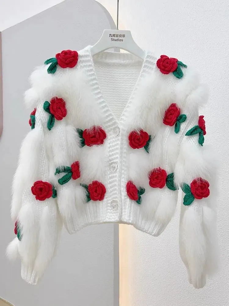 Frauen Strick Dreidimensionale Blumen Pullover Strickjacke Herbst Winter Vintage Süße V-ausschnitt Langarm Gestrickte Pullover Jacke Mantel