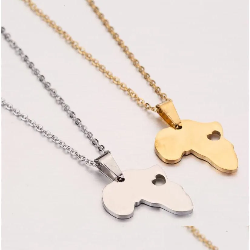 Pendant Necklaces Stainless Steel Africa Map Pendant Necklace Hollow Heart With Sier Gold Chain For Women Men Fashion Jewelry Will And Dhlik