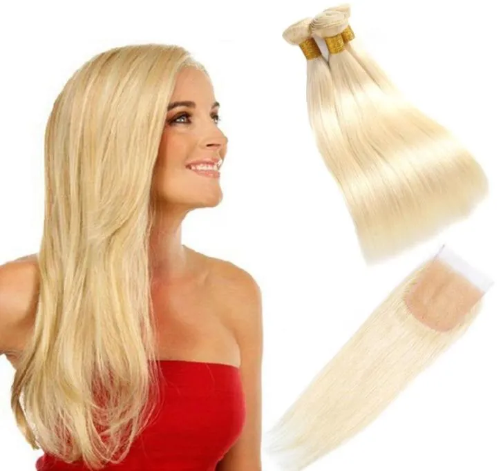 Peruwiańskie nieprzetworzone ludzkie włosy 613 Blondynki proste wiązki z koronkowym 4x4 Środkowym trzy części 613 Kolor Hair Extension8949696