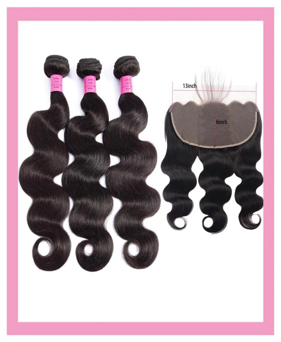 Cabelo virgem brasileiro 3 pacotes com 13x6 Lace Frontal pré -arranhado Extensões de cabelos para ondas corporais 4pcs Remy barato Remy humano trama com 99933546