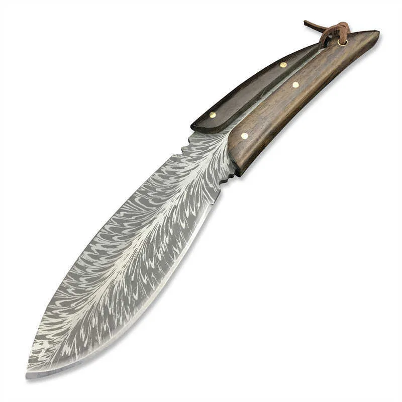 Feather Pattern Fixed Blade Knife - Walnut Handle, Premium Hunting ...