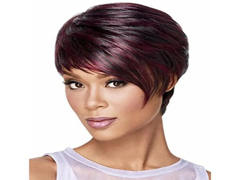 Short Straight Synthetic Wig Burgundy Color Pelucas High Temperature Fiber Perruques Simulation Human Hair Wigs WIG3763249499