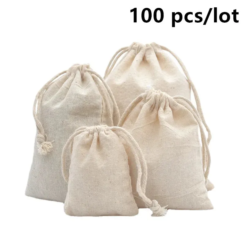 結婚式のための100 PCSLOTコットンドローストリングバッグ