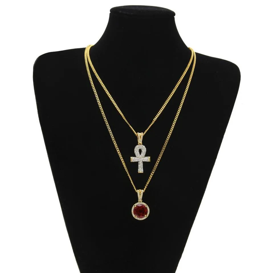 Conjunto de colares com pingente de chave ankh grande egípcio, redondo, rubi, safira com strass, amuletos cruzados, correntes de ligação cubana para homens, hip ho2901