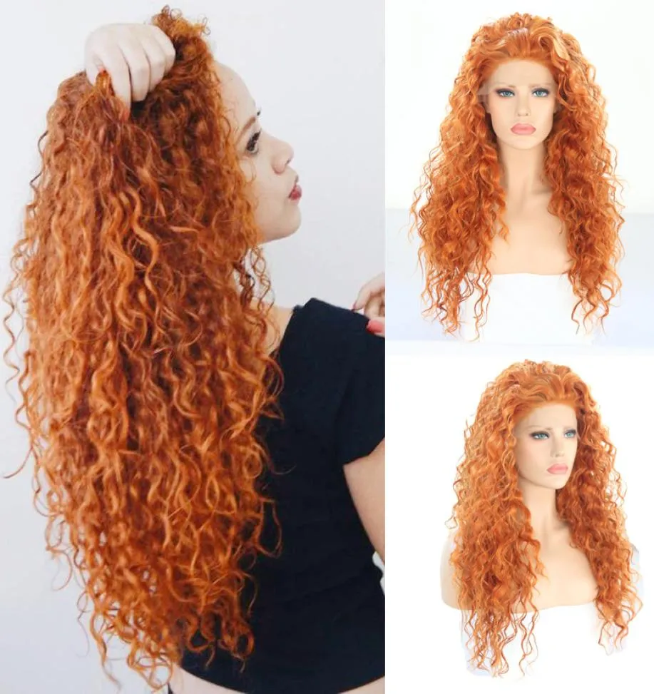 Lång lockig peruk Högtemperatur Hår syntetisk spetsfront peruk med babyhår Glueless Orange Cosplay Wigs For Women3099170