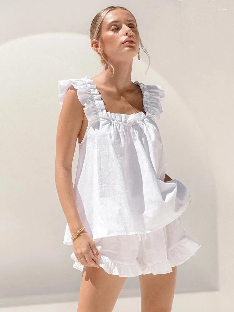 Women's Sleepwear Restve White Home Clothes For Women 2 Piece Set Chic Sleeveless Tops Female Casual Night Suits With Shorts Peplum Autumn