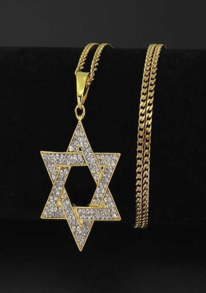 Pendentif Colliers Menorah religieuse et étoile de David Collier juif en acier inoxydable 35mm chaîne cubaine Hip Hop Bling bijoux pour M4389516