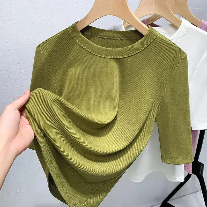 Dames T-shirts Hoge Kwaliteit 2024 Vrouwen Tops Elastic Force Lente Zomer T-shirt Vrouwelijke Kleding Sexy Crop Top Kleding Casual blouse Meisje