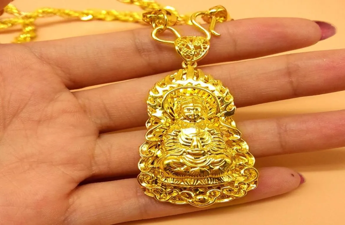 Buddhist Guanyin Pendant Necklace Rope Chain 18k Yellow Gold Filled Ornament Buddha Amulet Vintage Jewelry for Women Men7643827