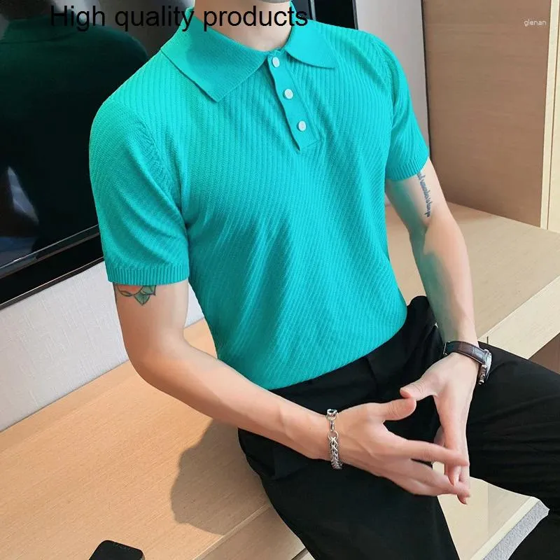 Herrpolos 2024 Spring Summer Knit Polo Shirt Men Casual Turn-Down Cong-knapp-Up Fashion Randig Solid Slim Tops Sticking Tyg T-shirt