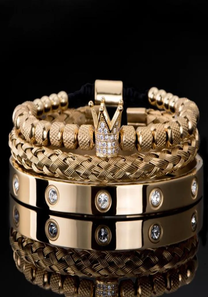 Мужские браслеты из нержавеющей стали с кристаллами, браслеты для пар, ювелирные изделия, 3 шт. Набор, роскошный микро-паве, корона с цирконием, римский королевский браслет с подвеской8737947