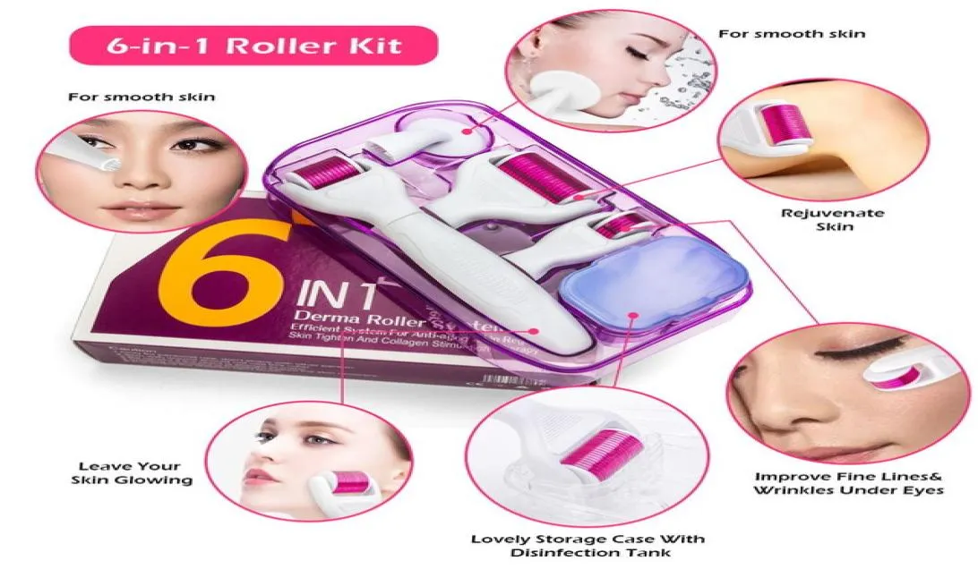 Kit de microagulhas 6 em 1, rolo facial de titânio com microagulhas para tratamento corporal, rosto e olho, escova limpa facial 7954816