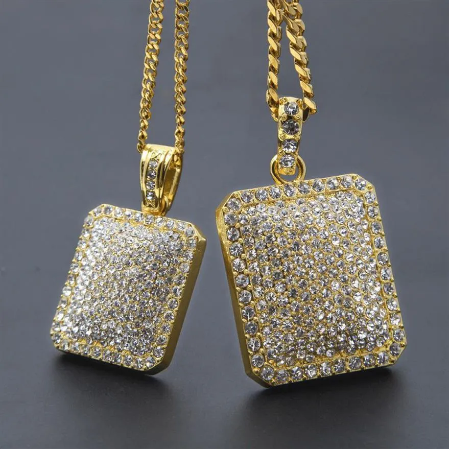 Mens Gold Cuban Link łańcuch modny biżuteria hip -hopowa z pełnym dhinestone bling Diamond Tag tag lodowany wisiorka 221e