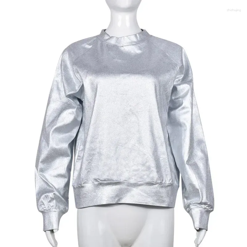 Dameshoodies Zilver Metallic PU Sweatshirt voor dames Lange mouw Mode Grunge Glanzende Tops High Street Punk Glitter Herfstoutfit