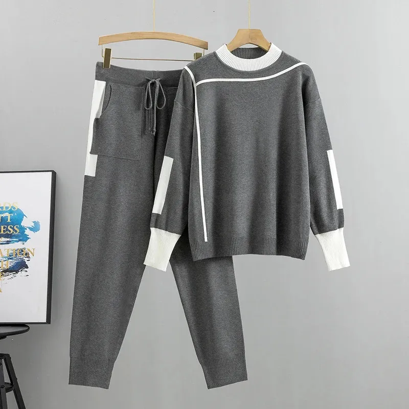 Autumn Runway 2 Pieces Set Knitted Long Sleeve Pullovers Sweater Casual Patchwork Fashion Women Tops and Pants Suits Spring 231229