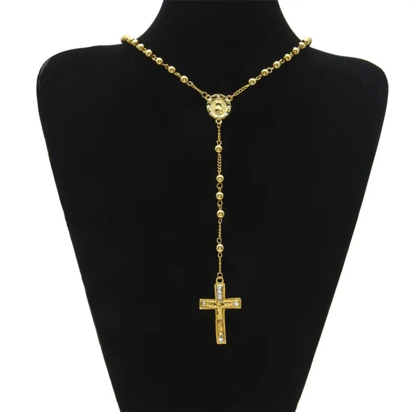 Gioielli religiosi cattolici da uomo Stile Hip Hop Collana con perline in acciaio inossidabile color oro Collana con rosario con croce di Gesù Catena232h