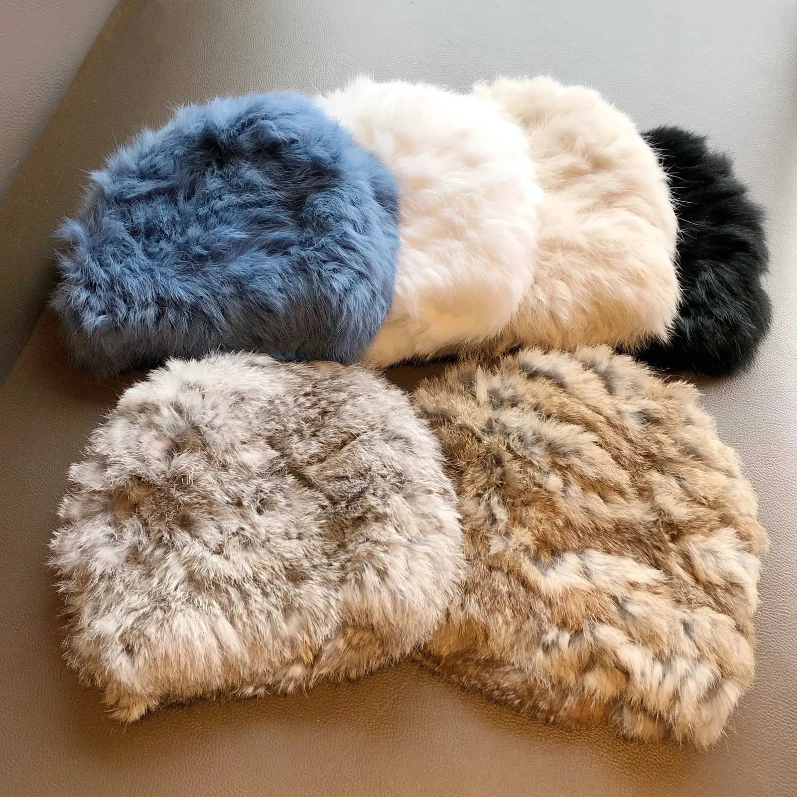 Зимние шапки из натурального меха для женщин, роскошная вязаная шапка из кроличьей шерсти, толстая горраса 240102