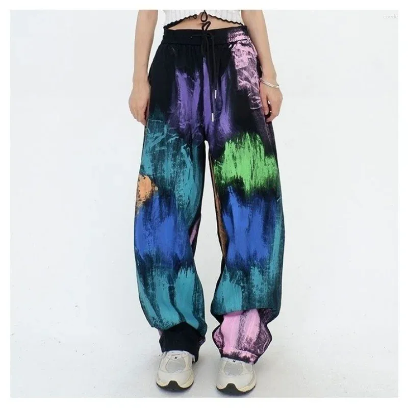 Calças femininas streetwear y2k graffiti cor mulher oversize primavera verão bolsos cintura elástica hip hop esportes casuais calças largas perna