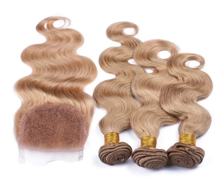 27 Honey Blonde 4x4 Lace Top Encerramento Parte com Peruano Morango Loira Virgem Cabelo Humano Tecer Pacotes Onda Corporal 4 Pcs Lot6549444