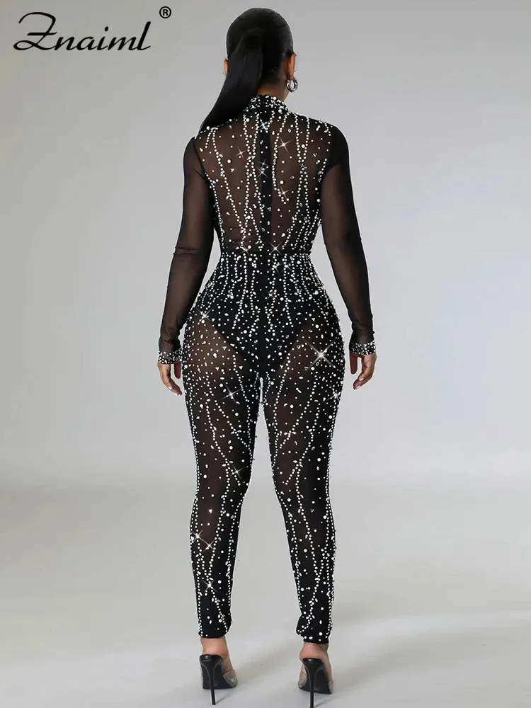 Sparkly Rhinestone Romper: Mesh See Through Jumpsuit for Women