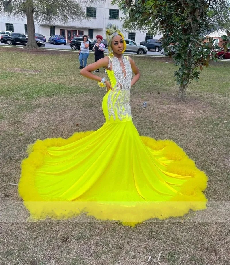 Yellow Satin Long Prom Dress 2024 For Black Girls Beading Sequins Lace Ruffles Birthday Party Evening Birthday Party Gown Vestidos