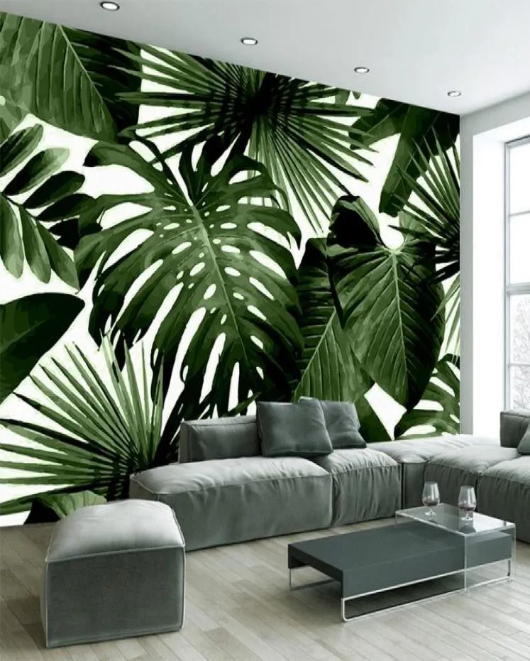 3D autoadesivo à prova d'água lona mural papel de parede moderno folha verde tropical chuva floresta planta murais quarto 3d adesivos de parede 3523564