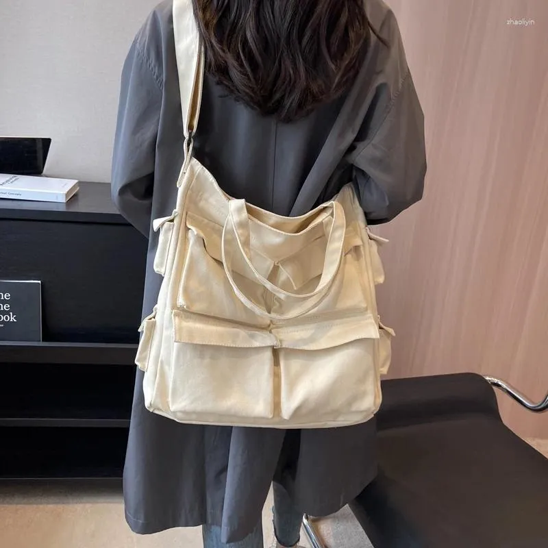 Evening Bags Canvas Women's Bag Big Messenger Y2K Shoulder Cross Eco Shopper Korean Satchel Murse Black Pockets Tote Handbags